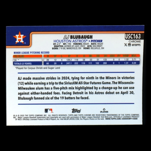 AJ Blubaugh RC 2025 Topps Chrome Update Rookie Astros