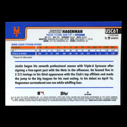 Justin Hagenman RC 2025 Topps Chrome Update Rookie Mets