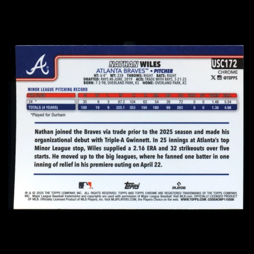 Nathan Wiles RC 2025 Topps Chrome Update Rookie Braves