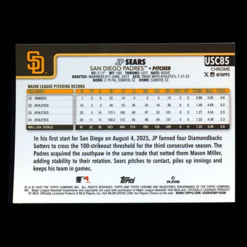JP Sears 2025 Topps Chrome Update Padres