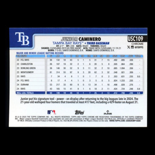 Junior Caminero 2025 Topps Chrome Update Rays