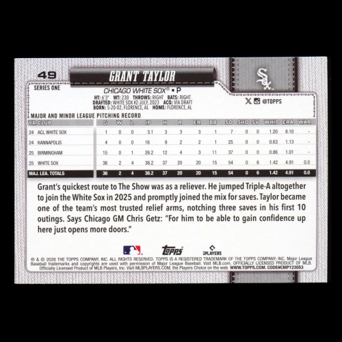 Grant Taylor RC 2026 Topps Rainbow Foil Rookie White Sox