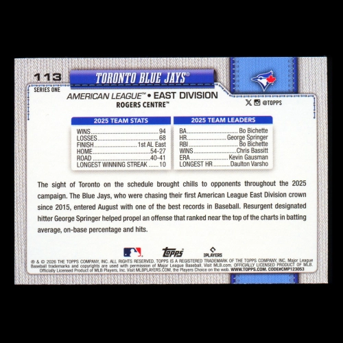 Toronto Blue Jays 2026 Topps Team Card Rainbow Foil Blue Jays