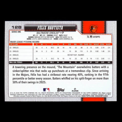 Felix Bautista 2026 Topps Rainbow Foil Orioles