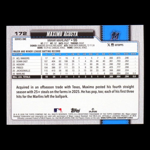 Maximo Acosta RC 2026 Topps Rainbow Foil Rookie Marlins