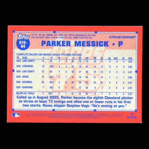 Parker Messick RC 2026 Topps '91 Topps Silver Pack Chrome Rookie Guardians