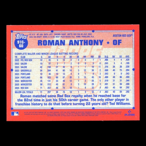 Roman Anthony RC 2026 Topps '91 Topps Silver Pack Chrome Rookie Red Sox