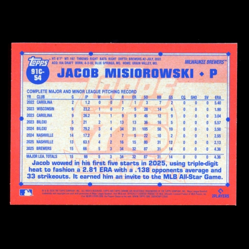 Jacob Misiorowski RC 2026 Topps '91 Topps Silver Pack Chrome Rookie Brewers
