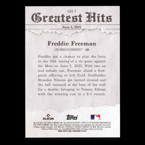 Freddie Freeman 2026 Topps '25 Greatest Hits Dodgers