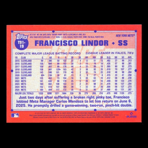 Francisco Lindor 2026 Topps '91 Topps Mets