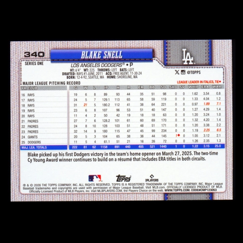 Blake Snell 2026 Topps Rainbow Foil Dodgers