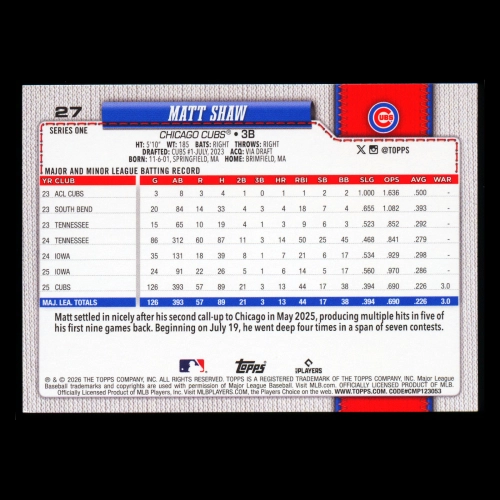 Matt Shaw 2026 Topps All-Star Rookie Cubs