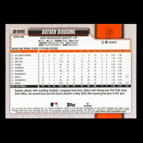 Hayden Birdsong 2026 Topps Future Stars Giants