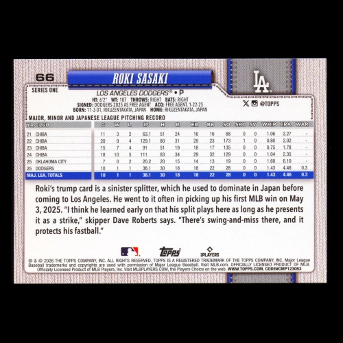 Roki Sasaki 2026 Topps Future Stars Dodgers