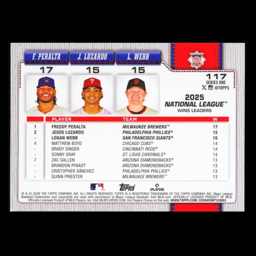 Luzardo - Peralta - Webb 2026 Topps League Leaders Phillies - Brewers - Giants