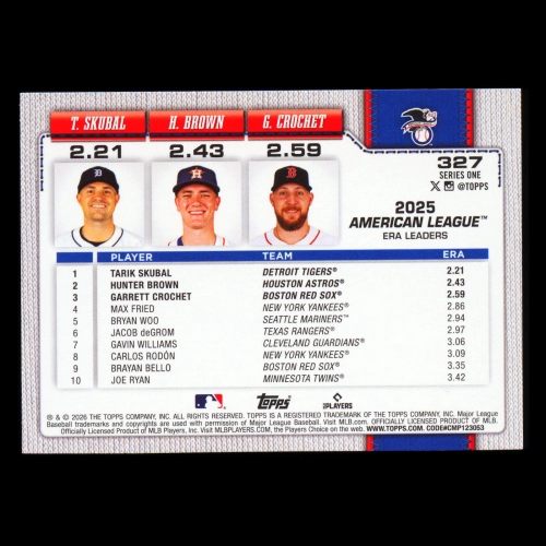 Skubal - Crochet - Brown 2026 Topps League Leaders Tigers - Red Sox - Astros