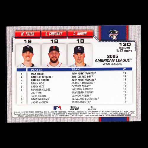 Fried - Crochet - Rodn 2026 Topps League Leaders Yankees - Red Sox - Yankees