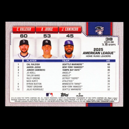 Judge - Caminero - Raleigh 2026 Topps League Leaders Yankees - Rays - Mariners