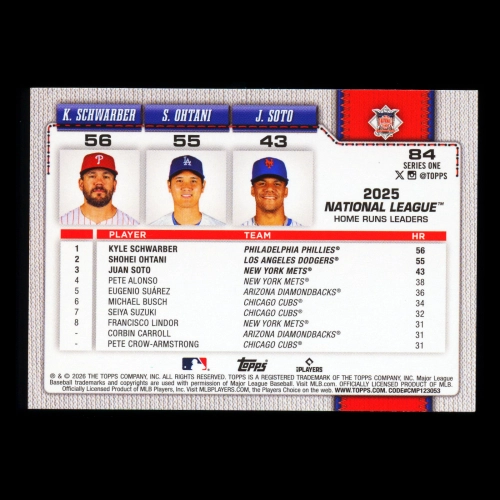 Ohtani - Schwarber - Soto 2026 Topps League Leaders Dodgers - Phillies - Mets