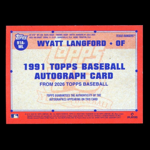 Wyatt Langford RC 2026 Topps '91 Topps Autographs Green Foil Rookie Rangers