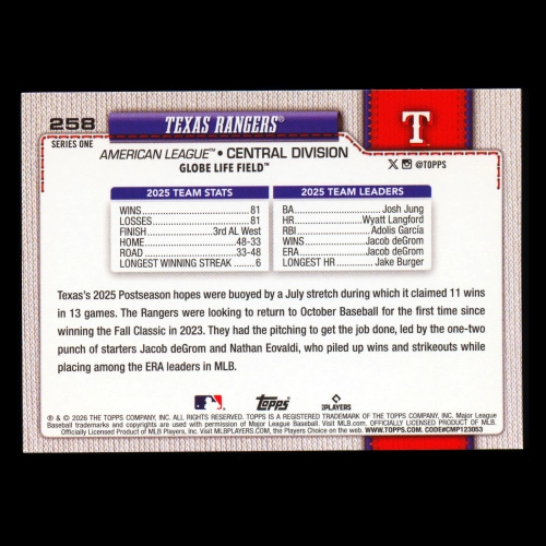 Texas Rangers 2026 Topps Team Card Rangers