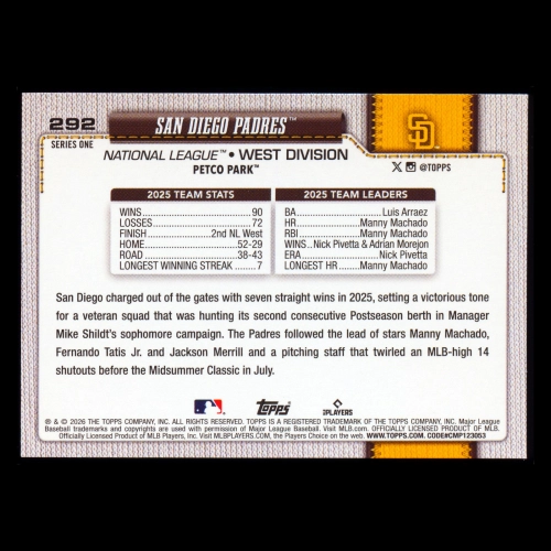 San Diego Padres 2026 Topps Team Card Padres