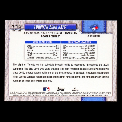 Toronto Blue Jays 2026 Topps Team Card Blue Jays