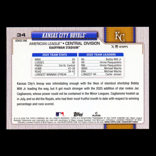 Kansas City Royals 2026 Topps Team Card Royals