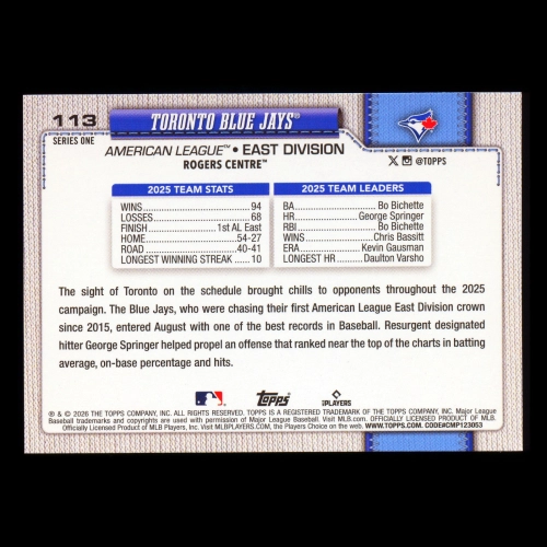Toronto Blue Jays 2026 Topps Team Card Blue Jays