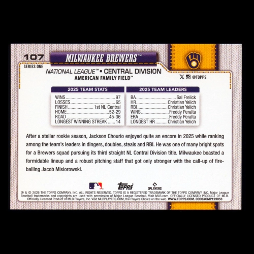 Milwaukee Brewers 2026 Topps Team Card Brewers