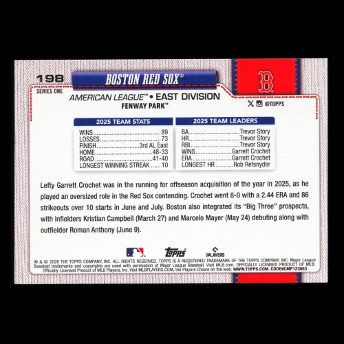 Boston Red Sox 2026 Topps Team Card Red Sox