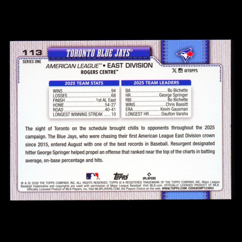 Toronto Blue Jays 2026 Topps Team Card Blue Jays