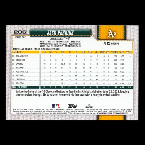 Jack Perkins RC 2026 Topps Rookie Athletics