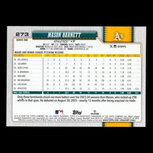Mason Barnett RC 2026 Topps Rookie Athletics
