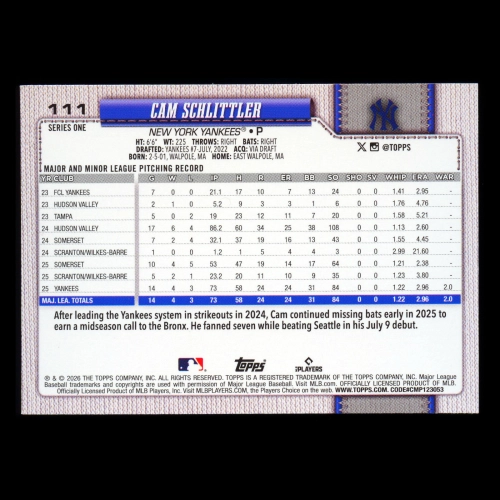 Cam Schlittler RC 2026 Topps Rookie Yankees