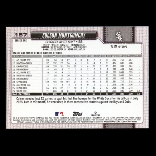 Colson Montgomery RC 2026 Topps Rookie White Sox