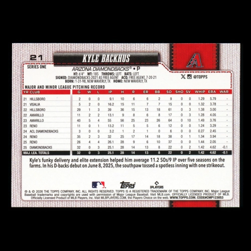 Kyle Backhus RC 2026 Topps Rookie Diamondbacks