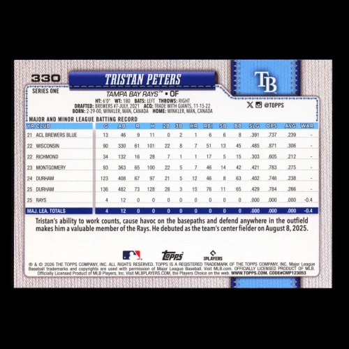 Tristan Peters RC 2026 Topps Rookie Rays