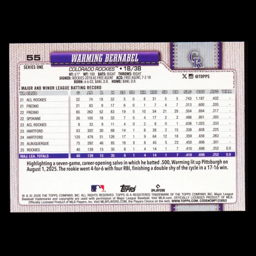 Warming Bernabel RC 2026 Topps Rookie Rockies