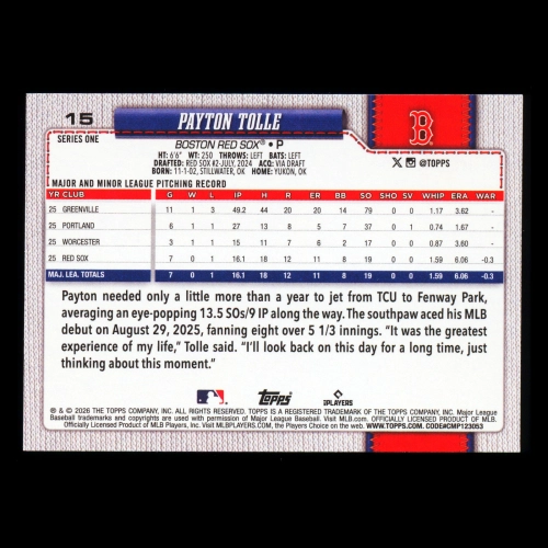 Payton Tolle RC 2026 Topps Rookie Red Sox