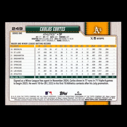 Carlos Cortes RC 2026 Topps Rookie Athletics