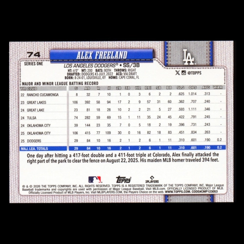 Alex Freeland RC 2026 Topps Rookie Dodgers