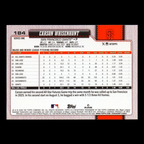 Carson Whisenhunt RC 2026 Topps Rookie Giants