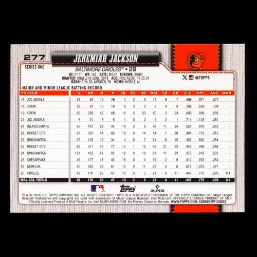 Jeremiah Jackson RC 2026 Topps Rookie Orioles