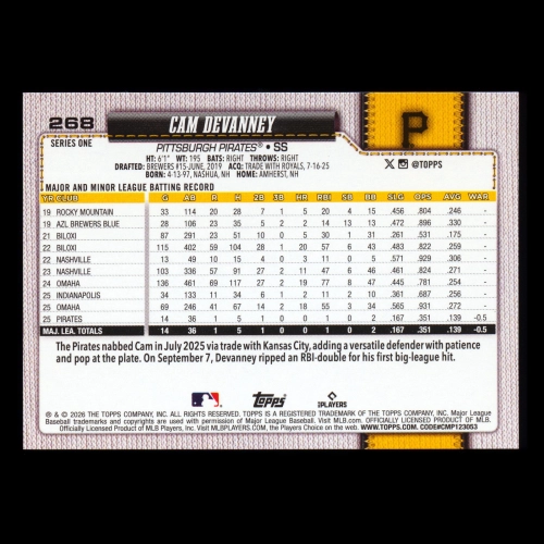 Cam Devanney RC 2026 Topps Rookie Pirates