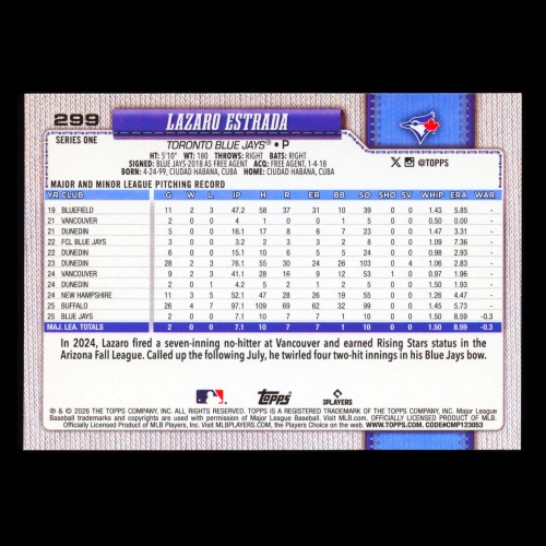 Lazaro Estrada RC 2026 Topps Rookie Blue Jays