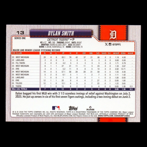 Dylan Smith RC 2026 Topps Rookie Tigers