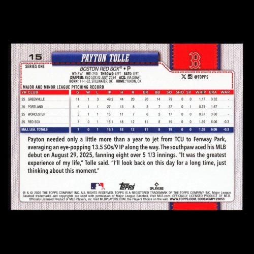Payton Tolle RC 2026 Topps Rookie Red Sox