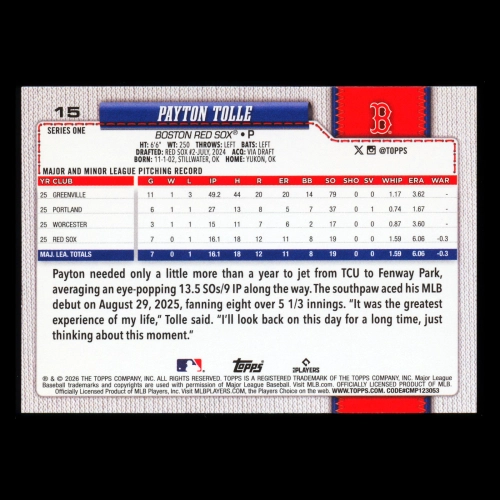 Payton Tolle RC 2026 Topps Rookie Red Sox