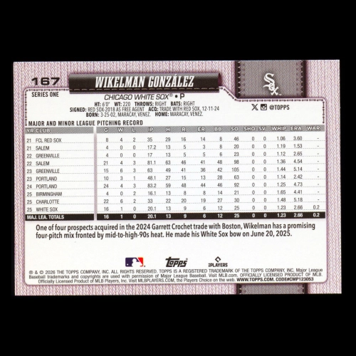 Wikelman Gonzlez RC 2026 Topps Rookie White Sox